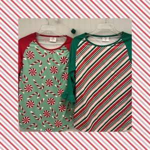2 Women’s Raglan Christmas Shirts With Ruffle Sleeves Adult Size: SMALL